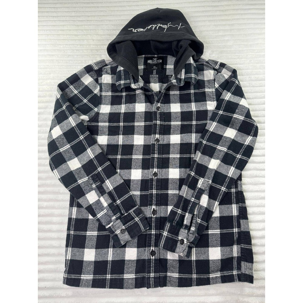 Hollister Mens XS Black White Plaid Hooded Flannel Shirt Long Sleeve Y2K